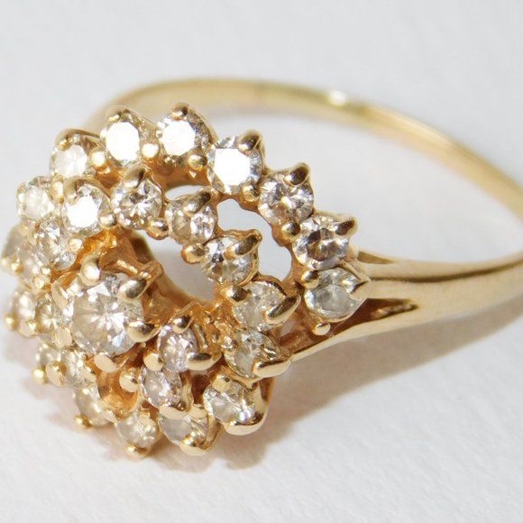 Estate 10K Solid Gold Real Diamond Large Cocktail Cluster Anniversary Ring 1+CT - Picture 4 of 8